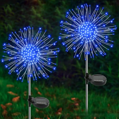 YaaFen Solar Garden Lights Outdoor, 2 Pack 120 LED Twinkling Firework Lights Decorative with 2 Modes, Outdoor Waterproof Solar Starburst Light for Outside Yard Pathway Garden Decor, Blue
