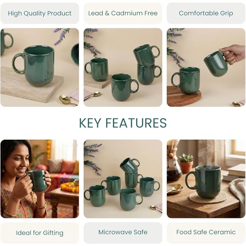 Image of The Earth Store Green Cylus Coffee Mug - 320ML Ceramic Coffee Mugs Set of 4 | Microwave & Dishwasher Safe Mugs for Gift | Home | Office | Restaurant | Daily Use Tea Mug