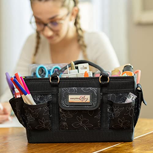 Image of Everything Mary Deluxe Store & Tote Organizer - Black & White Floral Craft Bag with Handle - Collapsible Storage for Scrapbooking, Sewing, DIY Tools & Art Supplies