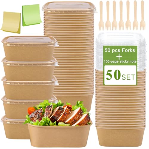 50-Pack 22oz Kraft Paper Bowls Disposable with Lids and Wooden Forks Disposable Meal Prep Containers Paper Food Prep Containers with Lids To Go Container for Hot Soup/Salad Freezer & Microwave Safe
