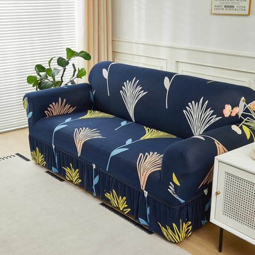 Surwin Stretch Sofa Cover 1 2 3 4 Seater, Blue Sofa Slipcover with Skirt Elastic Fit Non Slip Couch Cover Washable Thick Furniture Protector for Living Room Pets Cats (Plants,1 Seater)