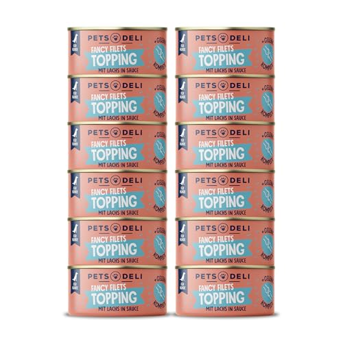 Pets Deli Fancy Filets Hunde Futter-Topping Huhn & Lachs in Sauce, mit Gelenk-Komplex zur Unterstützung der Gelenkgesundheit, extra saftig, getreidefrei, ohne Zucker, 12x70 g, Premium Qualität
