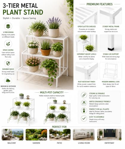Image of Bee Creative Plant Stands for Outdoor Balcony, Flower Pot Stand for Indoor Plants, Large Metal Planter Stand for Living Room, home decor, Indoor & Outdoor plants Stand (3 STEP W)