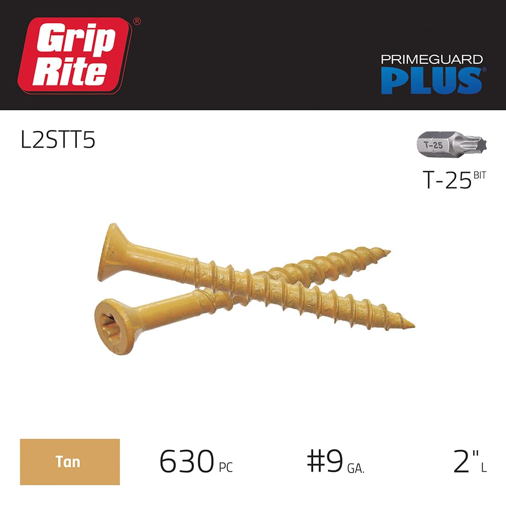 Grip-Rite PrimeGuard Plus Premium Deck Screws for Outdoor Projects - Bugle Head - T-25 Star Drive - Coarse Thread Wood Screws - 9 x 2-5 Lb Box - Tan - L2STT5