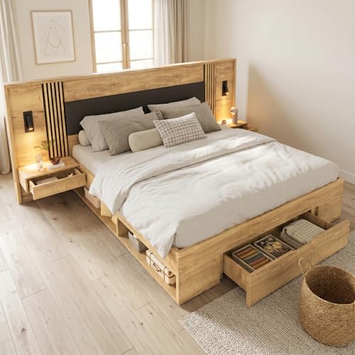 NADEUSAK Cama doble de 180 x 200 cm, con espacio de almacenamiento, cama juvenil con lámpara de lectura, 2 mesitas de noche, cajones, incluye colchón, color natural