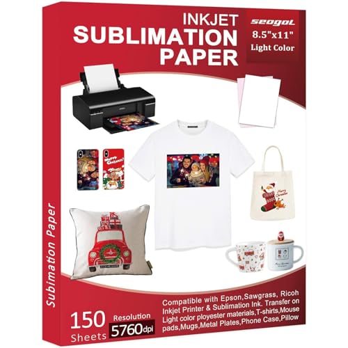 Sublimation Paper 150 Sheets 8.5 x 11 Inches 125gsm, for Any Inkjet Printer with Sublimation Ink Epson, Sawgrass, Heat Transfer Sublimation for Mugs T-shirts Light Fabric