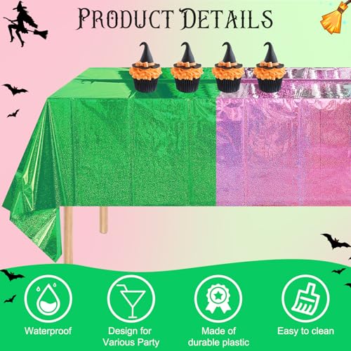 Image of 4 Pcs Iridescent Pink and Green Tablecloth Party Decorations, Holographic Foil Plastic Table Cloths for Rectangle Tables, Disposable Green and Pink Table Cover for Witch Theme Birthday Party Supplies