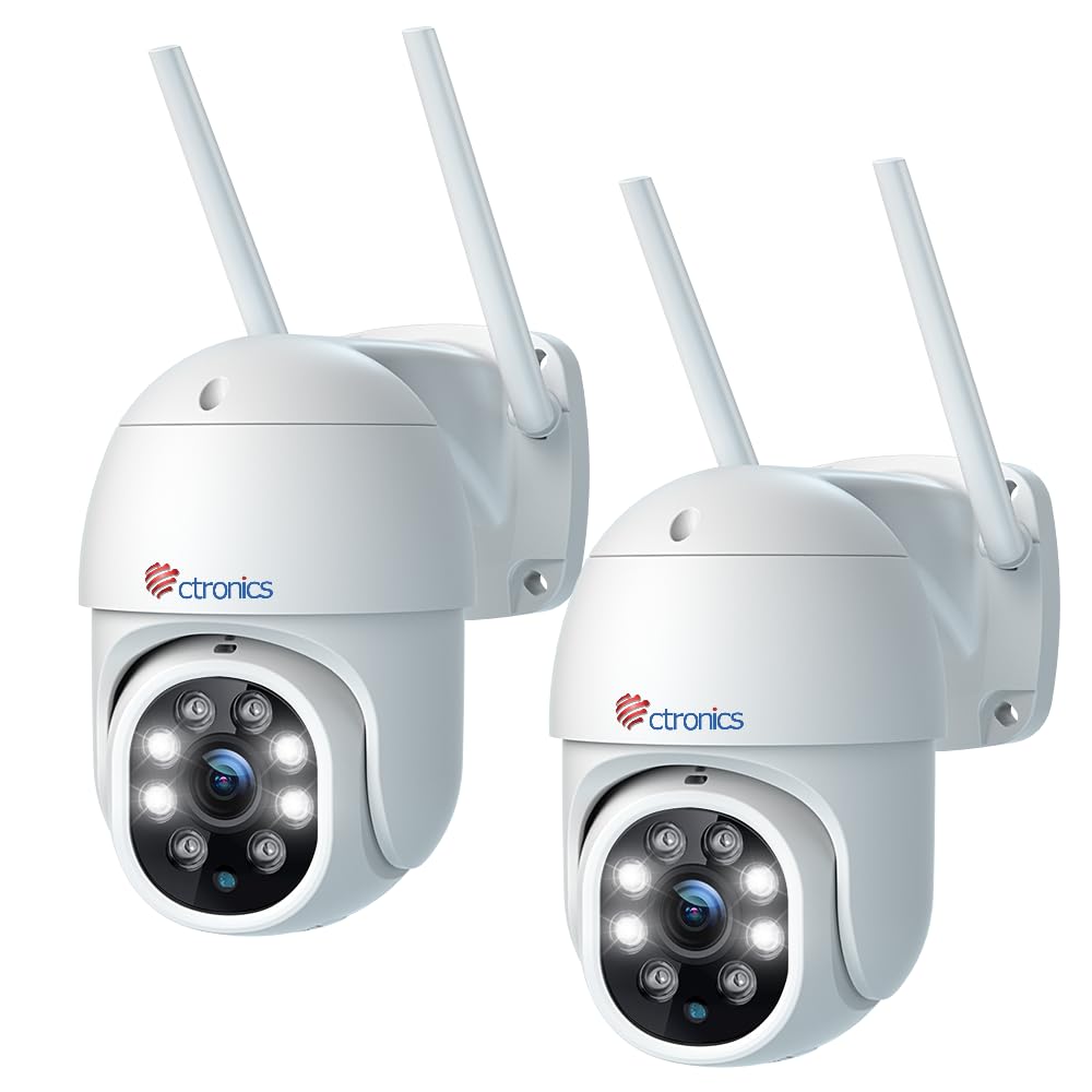 Ctronics Caméra Surveillance WiFi Extérieure 2K PTZ Caméra IP Vision Nocturne Couleur 30M Détection Humaine Suivi Automatique 355° 90° Audio Bidirectionnel IP66 Étanche Slot Carte TF(2 Pack) (Blanc) | Vision Nocturne Couleur 30M, Détection Humaine, Suivi