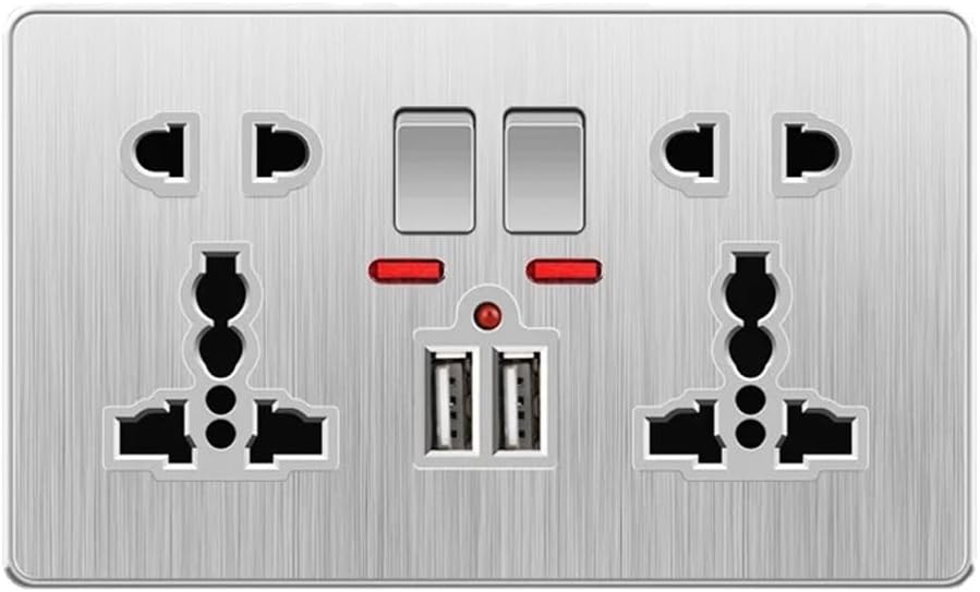 13A Brushed Silver 110-250V Wall Light Panel Socket Universal USB Wall Dual Power Outlet 2gang Universal USB UK Standard