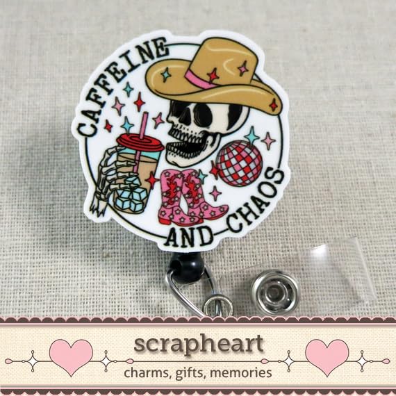 Caffeine And Chaos Badge Reel, Iced Coffee Cowgirl Badge Reel ID Holder, Student Nurse Badge Reel, Teacher Gifts, Iced Coffee Badge Clip, Skeleton Cowboy Badge Holder, Pediatric or Charge Nurse Badge - Image 6