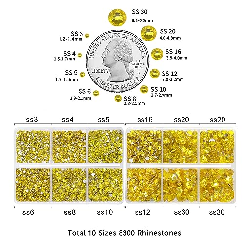 Image of Beadsland 8300PCS Flatback Rhinestones, Yellow Rhinestone Nail Gems Round Crystal Rhinestones for Crafts, Mixed 10 Sizes with Wax Pencil and Tweezer Kit, SS3-SS30, Citrine /Lemon Yellow