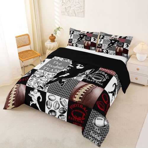 Image of Feelyou Football Comforter Set King Size Sports Geometric Black Patchwork Bedding Set for Kids Boys Girls Rugby Gaming Sports Duvet Quilt Bedroom Decor Microfiber 3 Pcs with 2 Pillow Cases
