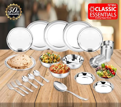 Image of Classic Essentials Stainless Steel Dinner Set | Heavy Gauge Stainless Steel Dinner Set | Kitchen Set for Home | Shagun Set /Bartan Set | Plain Design, Set of 50