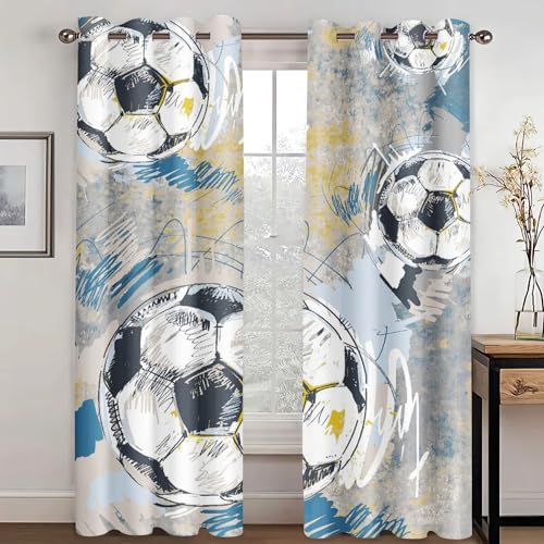 WEQEER Rideaux de terrain de football sportif, Rideaux à oeillets 3D motif football bleu, rideau occultant pour enfants multicolore pour garçon, rideaux pour...