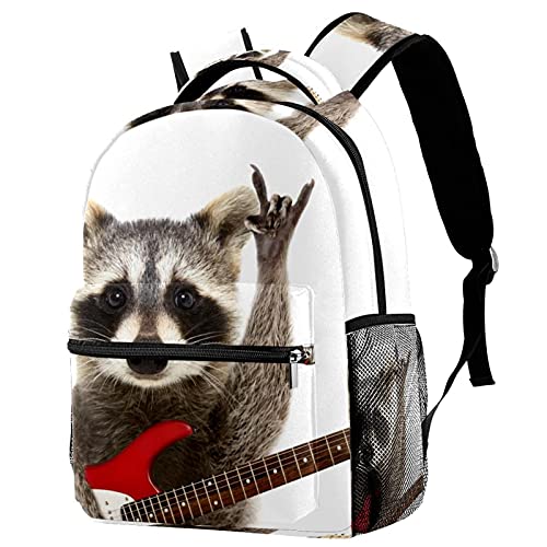 Sac à dos de voyage avec porte-bouteille guitare et motif raton laveur pour les trajets