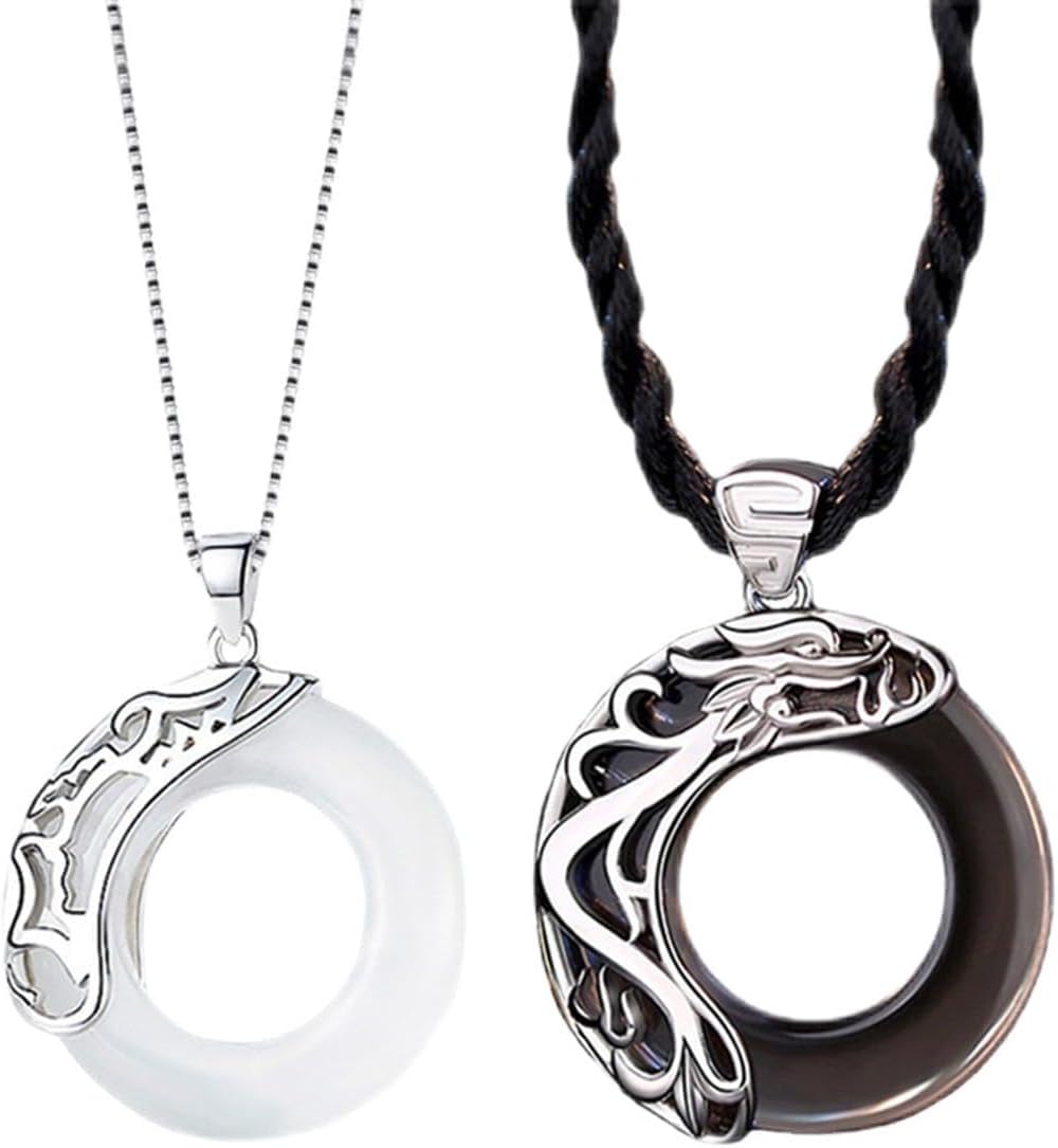 2Pcs Couple Matching Necklace for Men Women Vintage Angel and Demon Couple Necklace Sun Moon Star Pendant Necklace Dragon Phoenix Necklace Black White Round Glass Necklace Birthday Christmas