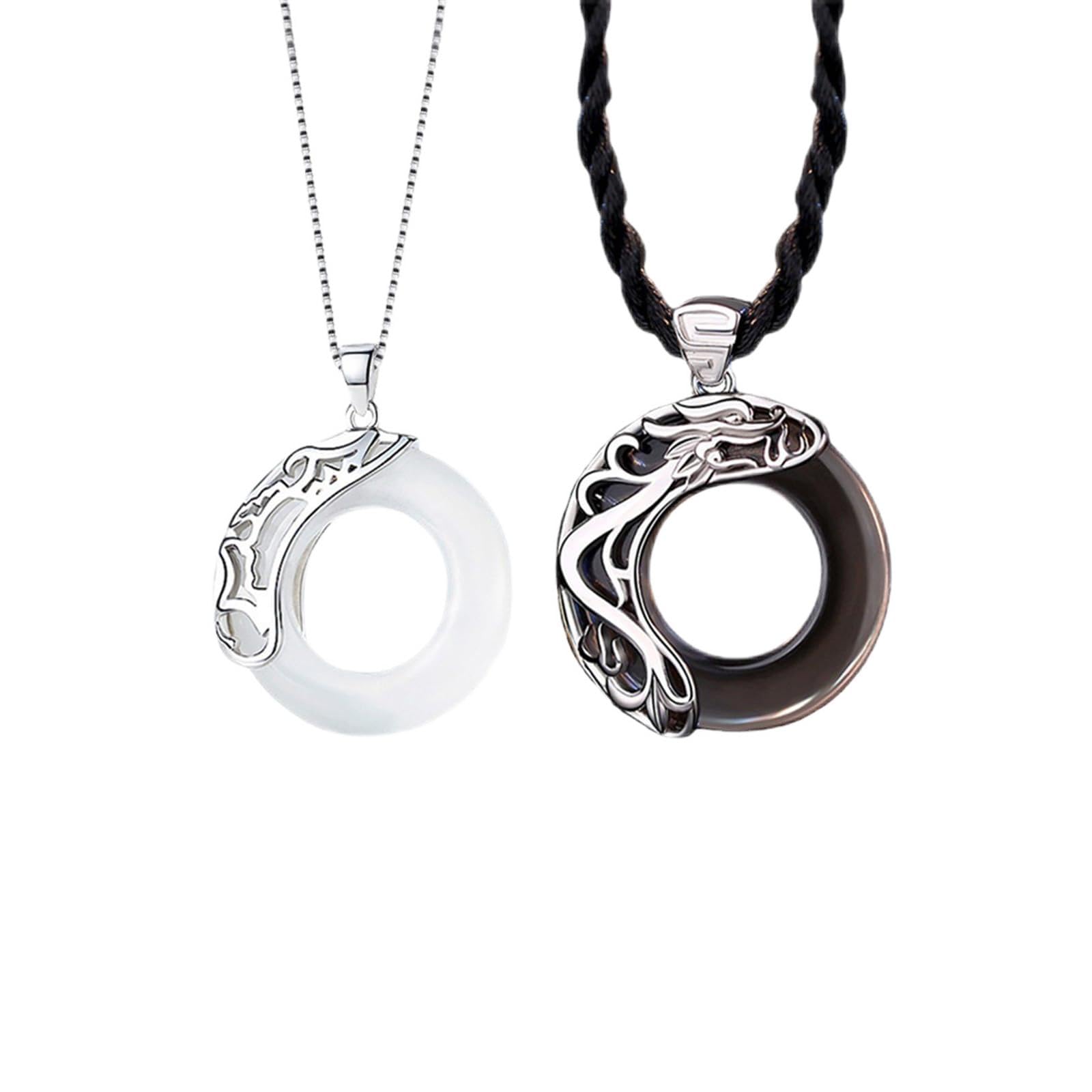 2Pcs Couple Matching Necklace for Men Women Vintage Angel and Demon Couple Necklace Sun Moon Star Pendant Necklace Dragon Phoenix Necklace Black White Round Glass Necklace Birthday Christmas