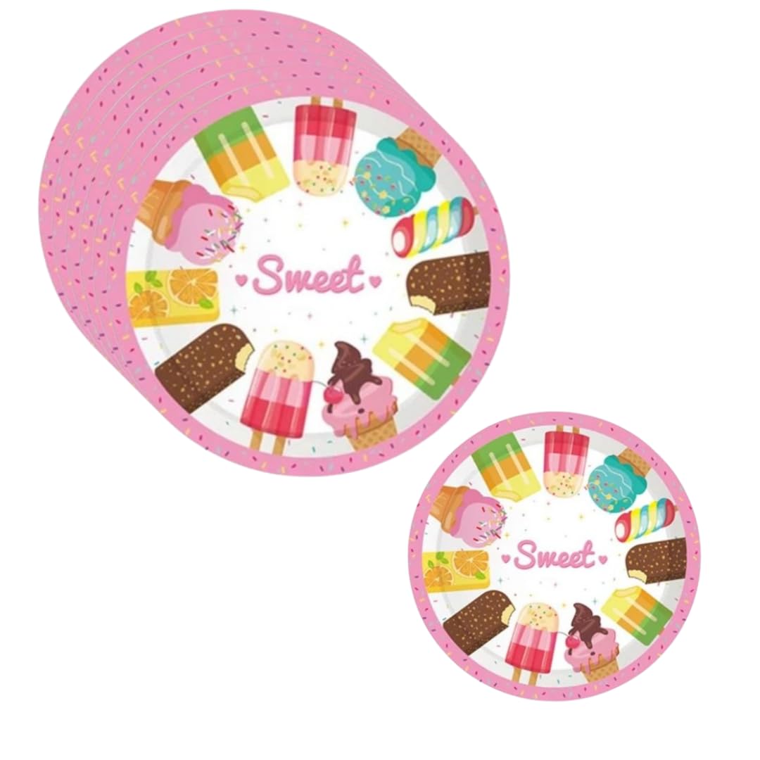 WANNA PARTY Pack of 8 Candyland Party Tableware, Ice Cream Birthday Paper Plates,Candy Party Table Decorations for Girls