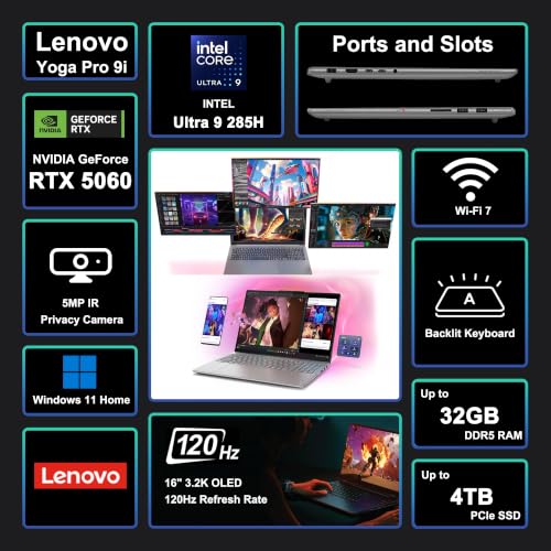 Image of Lenovo Yoga Pro 9i 16 Creator AI Laptop 16 inch 3200x2000 OLED 120Hz Touch (1600nits Peak) Intel 16-core Ultra 9 285H 32GB RAM 1TB SSD GeForce RTX 5060 Up to 572 AI Tops Backlit Thunderbolt Win11 ICP Hub