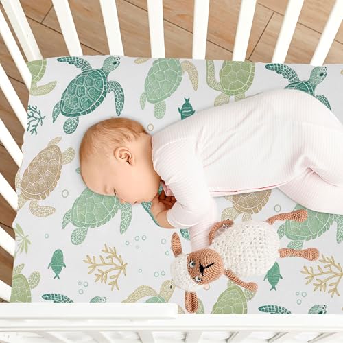 Image of Sea Turtles Crib Sheet for Boys Girls, Super Soft Breathable Fitted Crib Sheet for Standard Crib & Toddler Mattress, Nursery Sheet, 28x52 in