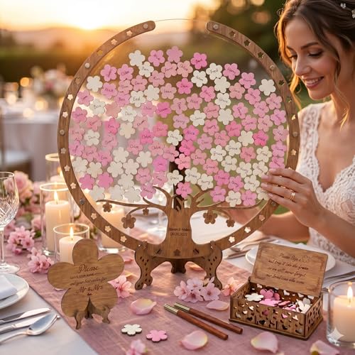 Image of Wedding Guest Book Alternative Wooden Cherry Blossom Tree Drop Chip Sign-In | Personalized rustic sakura heart drop box keepsake for spring weddings, holds 40-250 guest wooden hearts as sign-in decor