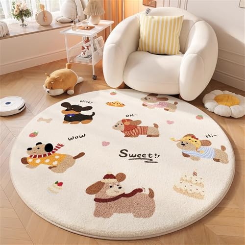Alfombras Salón Alfombra Habitación Lavables para Dormitorio Antideslizante de Cama Infantil Peluche Fácil Cuidar, Fluffy Round Rug Alfombra de Juegos Lavable Animale Perro (Beige 2, 100x100cm)