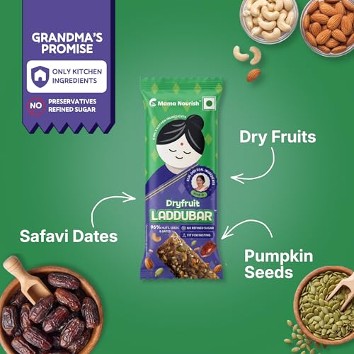 Image of LADDUBAR Dryfruit Energy Bars | 10% Protein | 96% Dryfruits & Dates | Purchase one get one | Gluten Free | No Refined Sugar | Fasting Friendly | Mama Nourish | Pack of 1(5 Bars x 35g) | As Seen on Shark Tank India
