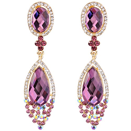 Clearine Boucles d'Oreilles Clip Femme Pendentif Éclat de Goutte d'Eau Cristal Strass Bijou Mariage Non-percé Cadeau Ton d'Or Violet
