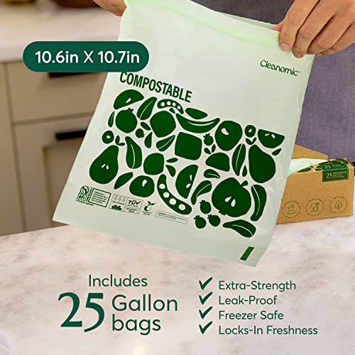 Cleanomic Compostable Gallon Size Food Storage Bags (25 Eco Zip) Freezer And Leak Proof, Also Available Quart, Snack And Sandwich Bags #TOP2