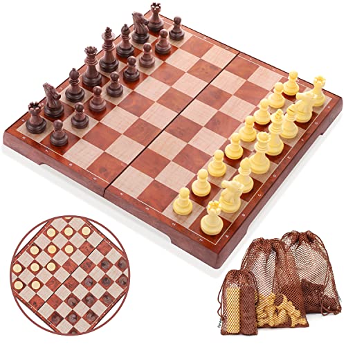 Peradix Jeu d'échecs et Dames Magnétiques 2 en 1, Échecs 31×31 CM Pliable de Voyage, Échiquier Imitation Bois Chess Game Jeux Logique Tactique pour Enfants ou Adultes