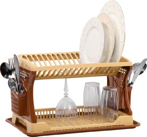 Dunya plastikStylish Design Two 2 Layer Plastic Dish Drainer Rack Utensil Cutlery Brown