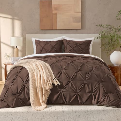 Image of Andency Queen Pinch Pleat Comforter Set (90 inchx90 inch),3 Piece Lightweight Pintuck Bedding Comforters & Sets, Fluffy Down Alternative Comforter with 2 Pillow Shams for All Season,Brown