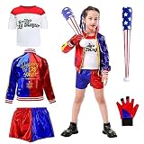 Harley Quinn Kostüm Kinder, Suicide Squad Kostüm Halloween Mädchen Kostüm Harlekin Kostüm Damen mit Jacke T-shirt Shorts Handschuhe Baseballschläger für Karneval Cosplay Kostüme 150