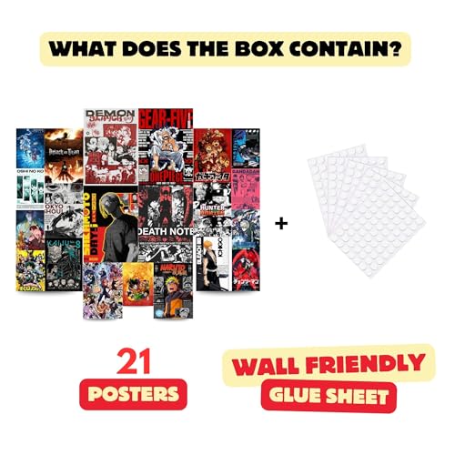Image of Yellow Town India Ultimate Shonen Saga Wall Set - Anime Poster Kit (21 Multi-Sized Posters A4, A5, A6) | 300 GSM Prints | Wall Collage with Free Adhesive | Anime Room Decor for Men, Boys & Otaku Fans