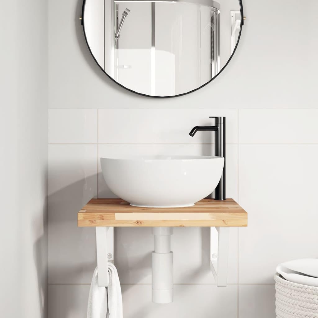 Estantería para lavabo de pared de acero y madera maciza de acacia, 50 x 50 cm, con soportes trapezoidales para armario de baño y ahorro de espacio en el lavadero