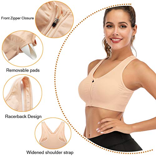 Florata Women's Sports Bra Wireless Post Surgery Bra Zip Front With Removable Pads Yoga Bra For Workout Fitness Beige #TOP1