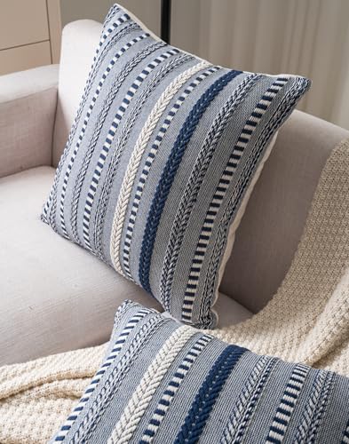 Cethom Boho Throw Pillow Covers 18x18 Inch Set of 2, Farmhouse Decorative Couch Pillow Cases, Navy Blue Accent Pillows of