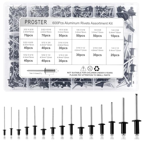 Proster 600PCS Remaches Aluminio Juego de Remaches Ciegos de Aluminio con 15 Tamaños Más Comunes 3/32-1/4 para Reparación de Automóviles, Metalurgia y DIY-Negro
