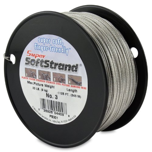Image of Super Softstrand Picture Hanging Wire #3 for Frames, Mirrors & Artwork, Vinyl Coated Stainless Steel Hanging Wire, 20 lb Capacity, 50 lb Break Strength, 1125 Ft