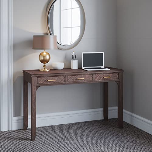 Image of Jofran Mid-Century Modern Acacia Wood Writing Desk with 3 Drawers and USB Charging Port, 48 Inch Computer Desk for Home Office Work, Dark Chevron