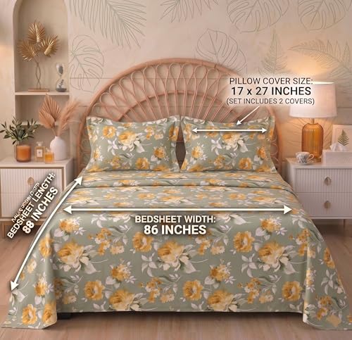 Image of HOMEKART Floral Printed King Size Cotton Bedsheet with 2 Pillow Covers | Luxury Double Bed Bedding Set 86x88 Inches | Ultra Soft, Breathable & Wrinkle Resistant & Home Decor (Pastel Sage Green)