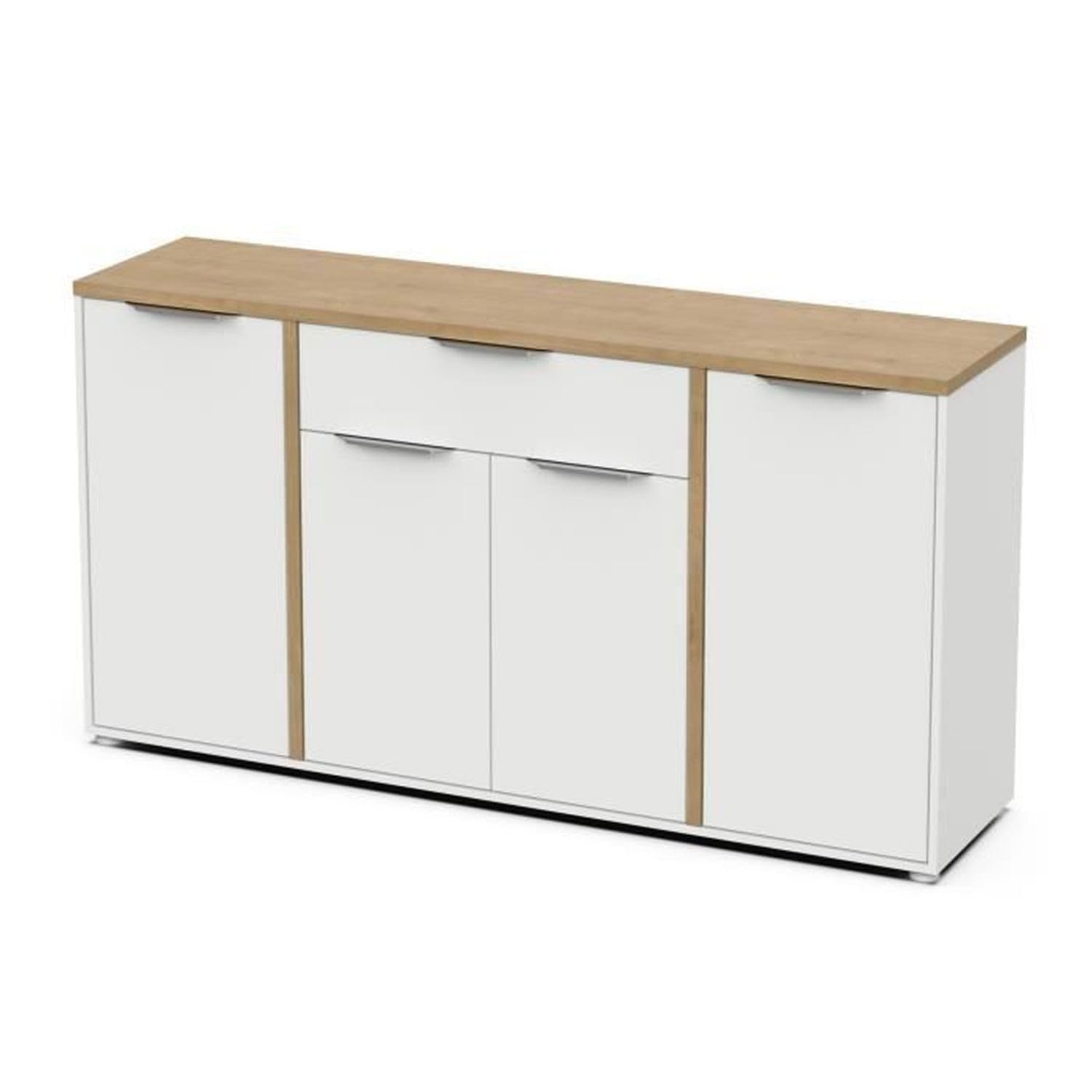 Buffet Moderne 4 Portes & 1 Tiroir – Style Scandinave – Coloris Blanc Mat & Chêne Hamilton - 160,7 x 39,6 x 85,6 cm