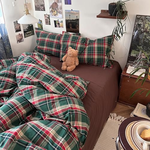 Image of mixinni Vintage Green Buffalo Plaid Washed Cotton Duvet Cover Full - Soft Breathable Textured Bedding Set with Zipper Closure for All Seasons-1 Duvet Cover + 2 Pillow Shams-Full Size