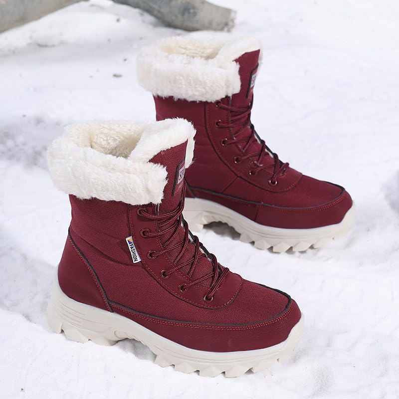 Snow Boots Women Mid-Calf Warm Waterproof Anti-Slip Ankle Boots Winter Lace-up Booties Deep Tread Rubber Sole Faux Fur Lined Hiking Outdoor Comfortable