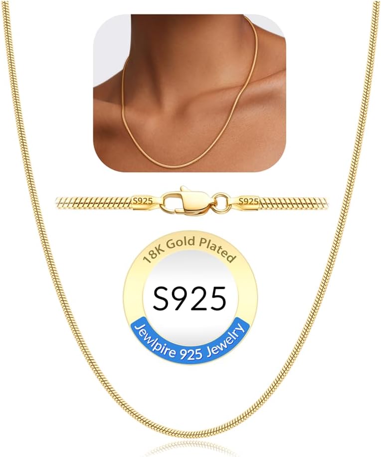 Jewlpire 1.5mm Snake Chain 18K Gold Plated 925 Sterling Silver Chain Necklace for Women, Dainty & Smooth & Shiny Womens Chains Necklace, 16 18 20 22 24 Inch