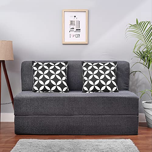 Image of Convertible Fabric Sofa Cum Bed | Foldable Double Foam & Washable Cover with Cushions | Modern Design Use Living Room & Guest Room (Dark-Grey-Multi-Star, 4X6 Ft)