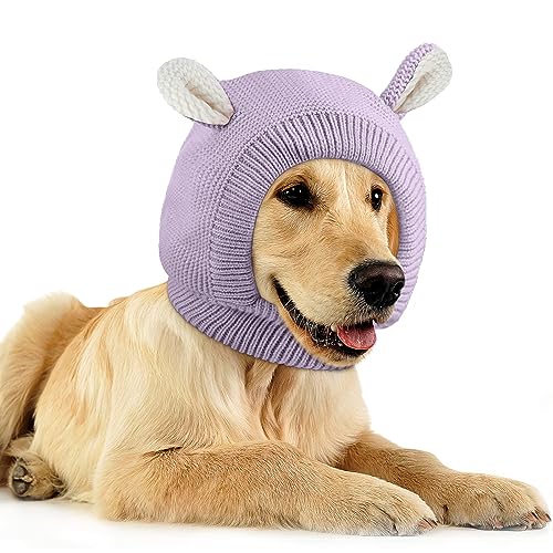 Image of Frienda Dog Ear Muffs Noise Protection, Neck 14.96 Inch Fits Medium Dogs, Knitted Calming Hood for Dogs, Fireworks Thunder Anxiety Relief, Fleece Inner Warm Beanie Hat(Light Purple)