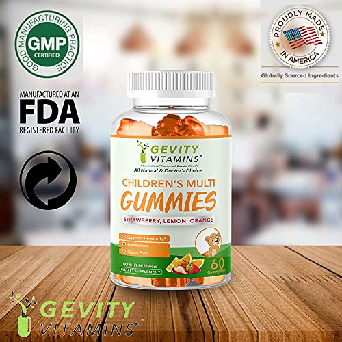 Gevity Vitamins Multivitamin Gummies For Kids, With Vitamin A, C, D3, B12, Biotin, And Zinc For Immune Support, Vegan And Non-Gmo, Strawberry, Orange & Lemon Flavors, 60 Chewable Gummy Bears #TOP6
