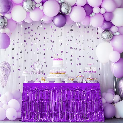 2 Pack Dark Purple Table Skirts, 29x108\" Metallic Foil Tinsel Fringe Table Skirts for Rectangle Tables Streamer Curtains Backdrop, Party Decorations for Birthdays Weddings Holidays