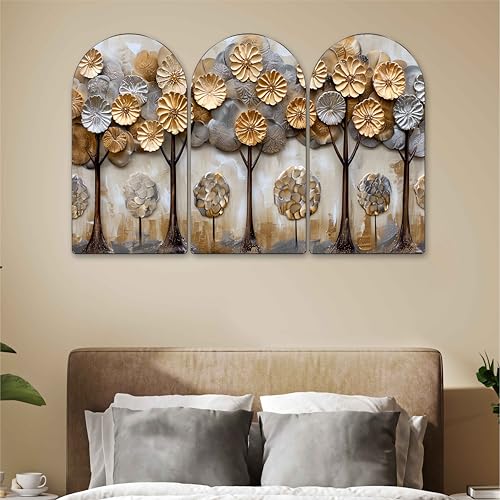 Image of Livin'luxe Golden & Silver 3D Abstract Tree Arch Shape Wall Painting Set of 3 | Sparkle Laminated HD Print on MDF | Modern Metallic Tree Artwork for Living Room Bedroom Home (30 x 50 Inch) RPNL-35359